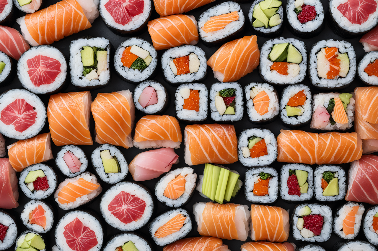 En esta imagen, vemos una gran cantidad de piezas de sushi